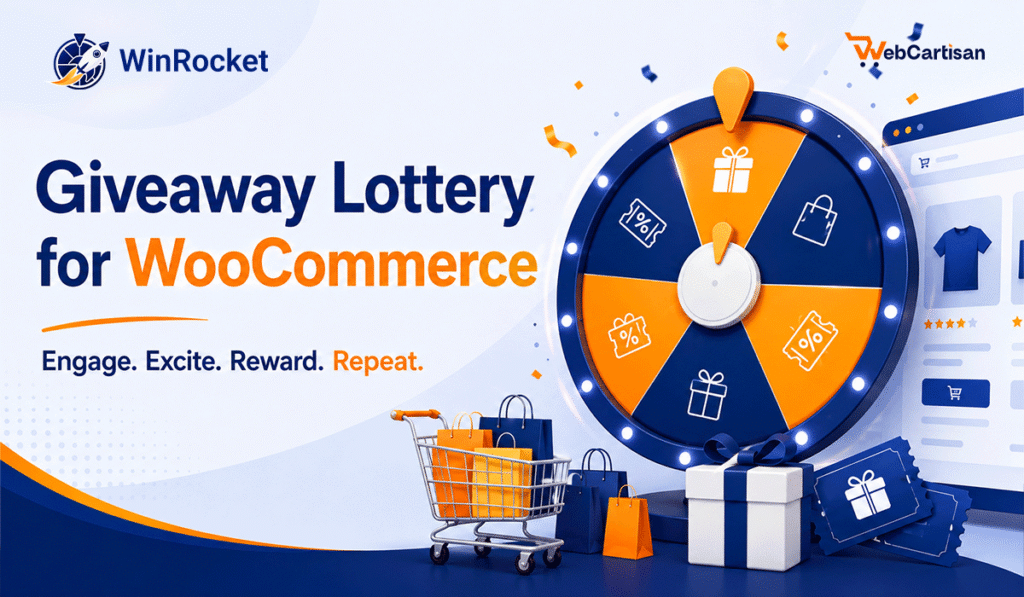 Giveaway Lottery for WooCommerce plugin by WebCartisan showing lucky wheel and shopping cart