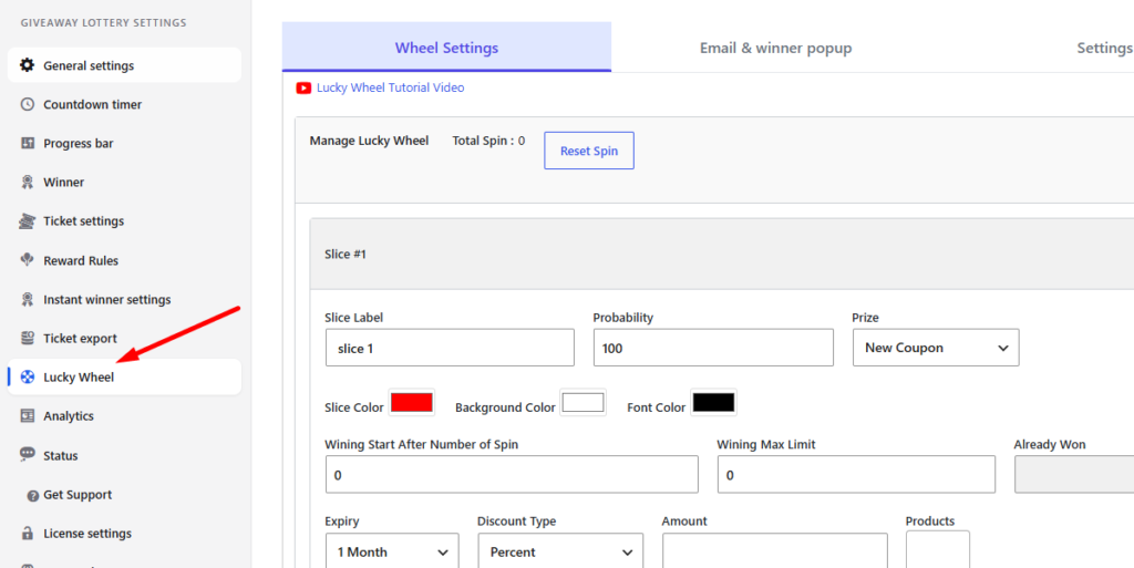 Lucky Wheel settings dashboard for Giveaway Lottery for WooCommerce by WebCartisan