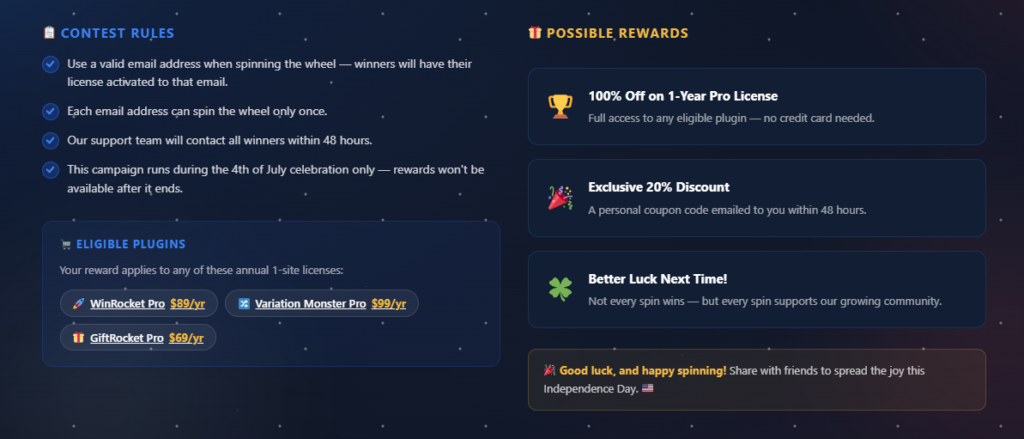 Contest rules, eligible WooCommerce plugins, and possible rewards for the WebCartisan giveaway campaign.