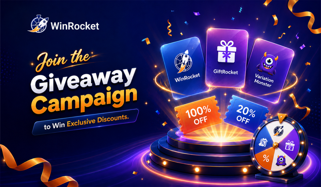 WinRocket WooCommerce giveaway campaign featured banner with prize cards and a lucky spin wheel.