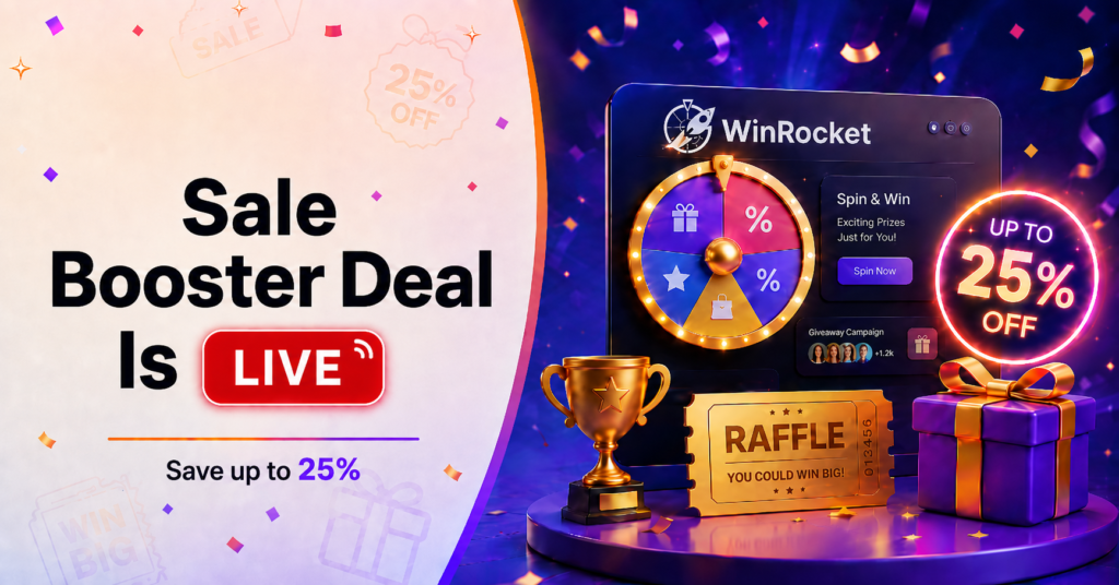 Sale Booster Deal feature image for WinRocket with spin-to-win, raffle, giveaway visuals, and up to 25% off on WooCommerce campaign tools.