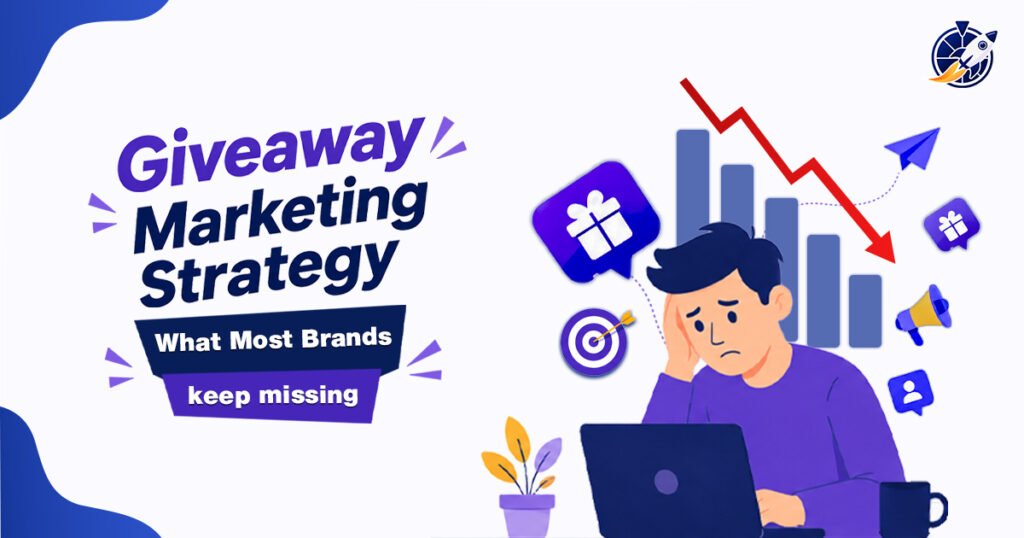 Giveaway marketing strategy illustration showing a frustrated marketer, declining campaign results, gift, target, megaphone, and social engagement icons.