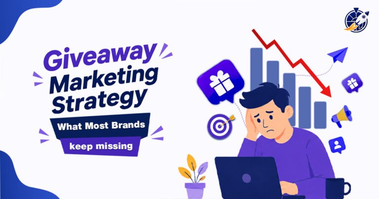 Giveaway marketing strategy illustration showing a frustrated marketer, declining campaign results, gift, target, megaphone, and social engagement icons.