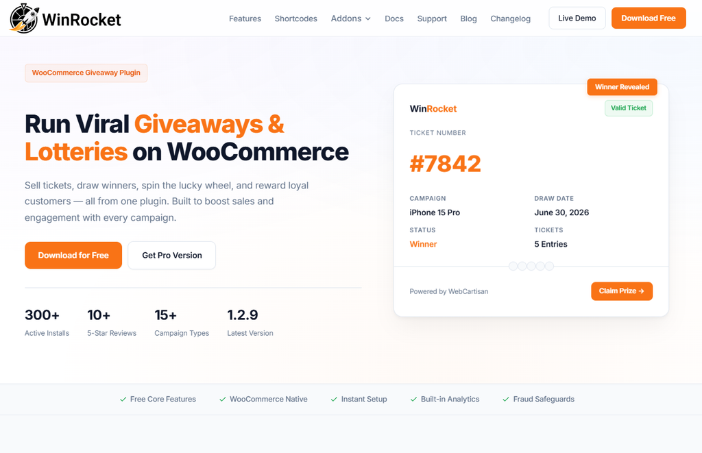 WinRocket WooCommerce giveaway plugin homepage showing giveaway campaign features, winner selection, ticket entries, campaign stats, and download options.