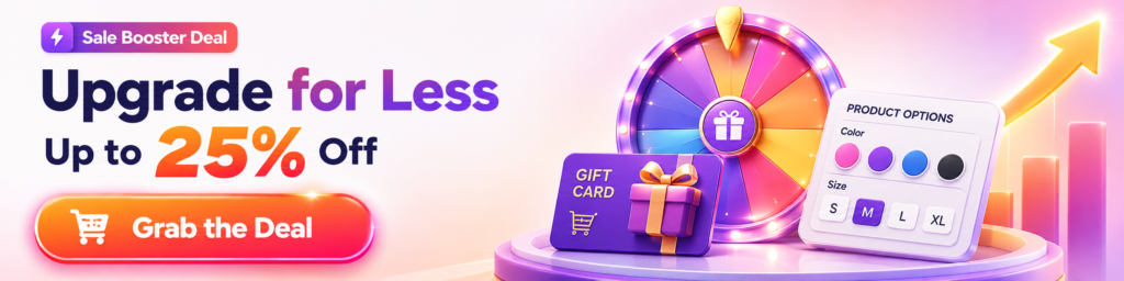 Sale Booster Deal banner featuring gift cards, product options, and campaign tools with savings of up to 25% on selected WooCommerce plugins.