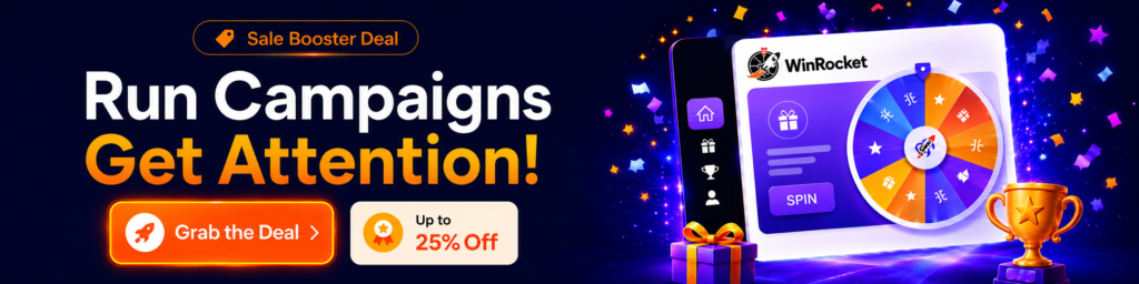 WinRocket Sale Booster Deal banner for WooCommerce campaigns with spin-to-win promotions, giveaway tools, and savings of up to 25%.