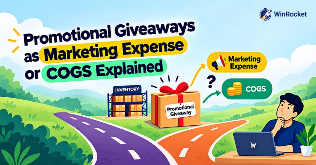 Promotional giveaways as marketing expense or COGS illustrated with inventory, a giveaway box, and a WooCommerce store owner.
